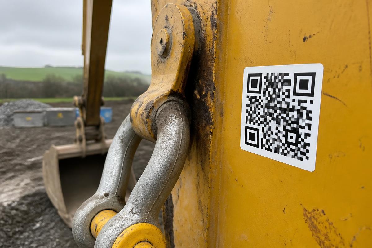GA1 Smartcode QR sticker fitted to an excavator boom beside a lifting shackle